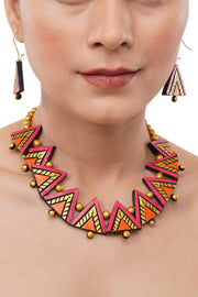 Handmade Clay Jewelry Set: Black & Pink Triangle Necklace Earrings